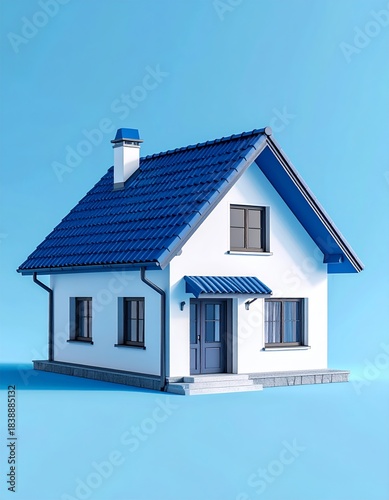 Miniature White House with Blue Roof on a Solid Blue Background.