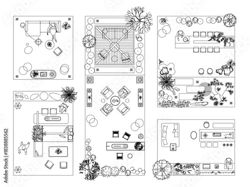 Furniture outline front and top view architectural designs. Set of isolated linear interior icons. Vector elements for apartments, CAD Vehicle Drawing Elements