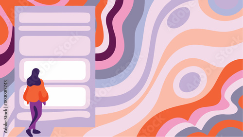 Vibrant Abstract Waves Surrounding Woman in Front of Digital Interface