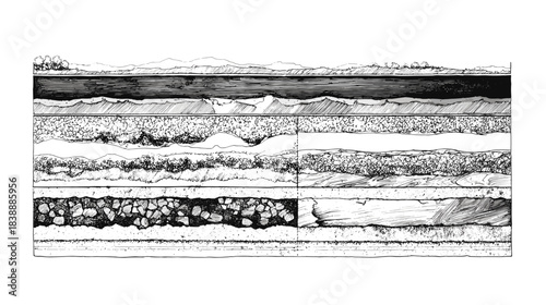 Black and white line drawing of a cross section view trough different types of soil layers in the ground for cad architecture