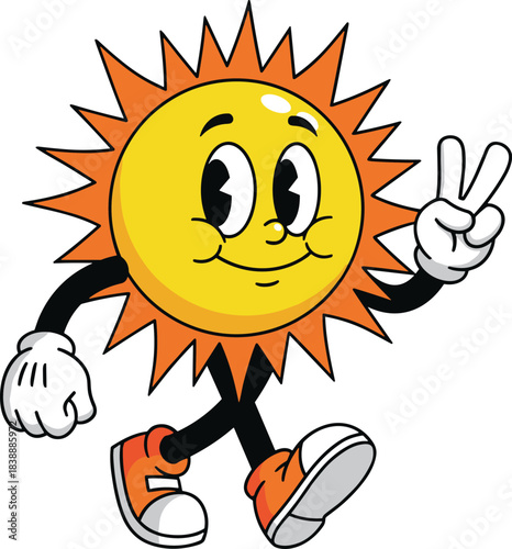 Retro cartoon sun character with face, arms, legs, and sneakers, making peace sign Keywords: sun, cartoon sun, retro, vintage
