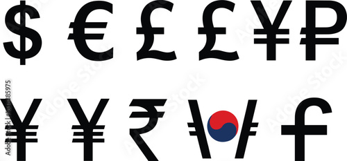 Row of Currency Symbols Including Dollar, Euro, Pound, Yen, Rupee, Won, and Franc money finance