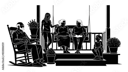 Multiple Generations Sitting on Porch Silhouette Line Art Chatting and Relaxing