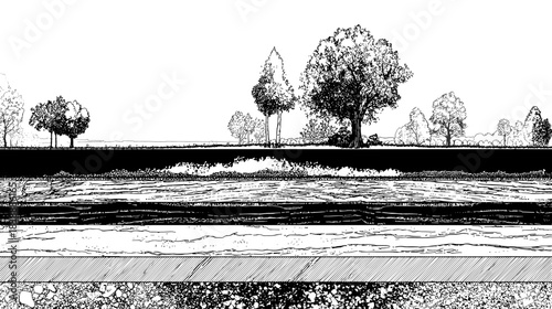 Black and white line drawing of a cross section view trough different types of soil layers in the ground for cad architecture