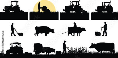 Silhouette Collection of Farm Tractors and Cows in Various Activities Keywords: agriculture, farm, tractor, cow, silhouette