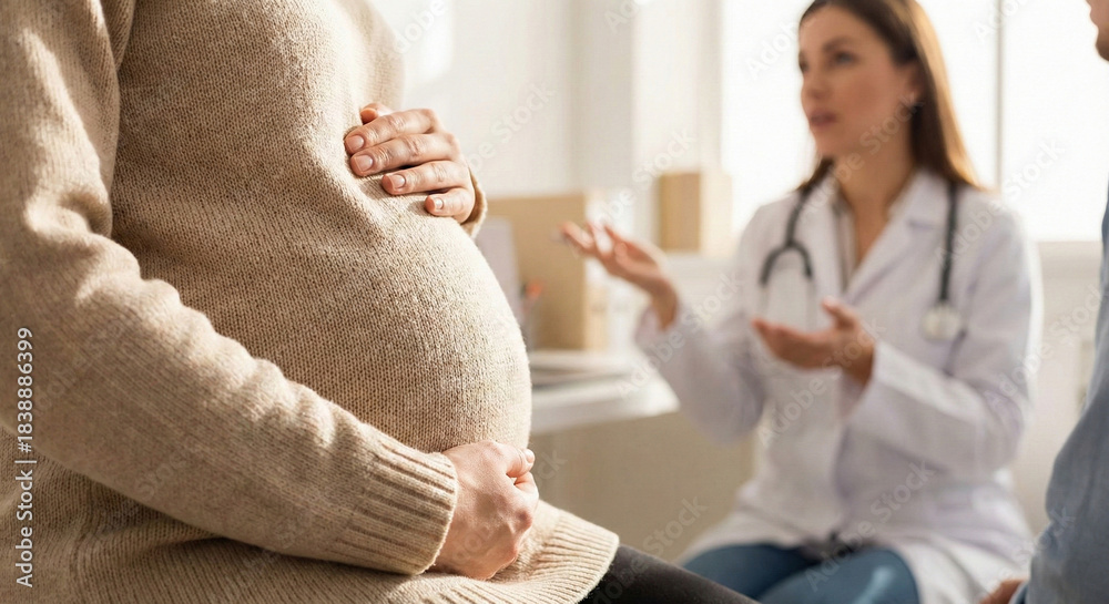 Obraz premium Pregnant Woman Holding Belly During Consultation with Obstetrician in Modern Clinic