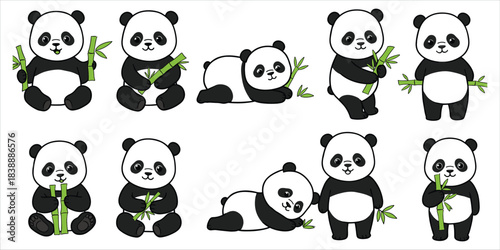 Ten Cute Cartoon Pandas Holding Bamboo Stalks in Various Poses Keywords: panda, pandas, bamboo, cute, cartoon, illustration