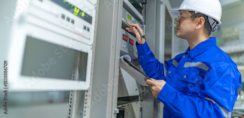 Electrical engineer woman checking voltage at the Power Distribution Cabinet in the control room,preventive maintenance Yearly,Thailand Electrician working at company