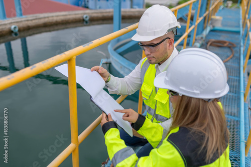Environmental engineers work at wastewater treatment plants,Water supply engineering working at Water recycling plant for reuse