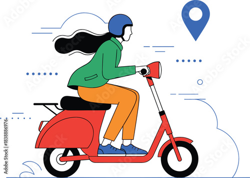 Vector Illustration of a Woman Riding a Red Motor Scooter with Location Pin, Representing Fast Delivery Service and Urban Transportation Navigation