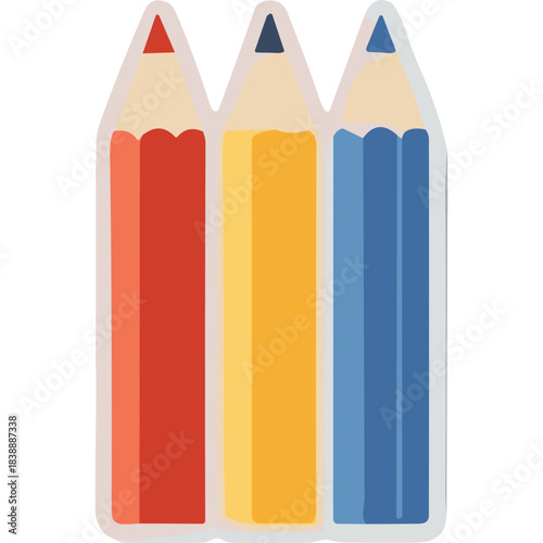Three Colored Pencils Red Yellow Blue Lined Up Side By Side Isolated On White Background For Art And Craft Projects Illustration