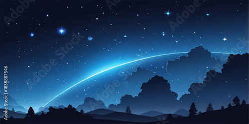 Dark blue night sky with stars over a mountain landscape