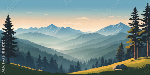 🌄 Sunset or sunrise in the snowy mountains with a foggy forest landscape and a clear blue sky