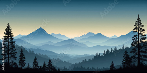 Alpine landscape with snow-capped mountain peaks at sunrise or sunset, featuring a view of clouds, fog, and pine trees in the winter forest valley