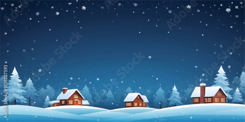 Christmas night village landscape with snow, decorated houses, and winter trees illustration