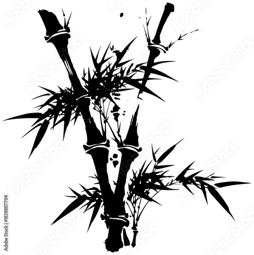 Tall upright bamboo trunks rising vertically with delicate leaf accents, handcrafted with traditional ink wash technique to evoke calm Zen-style garden atmosphere