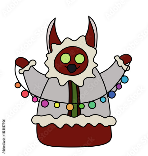 A cute red bird like monster with long ears and a beak wearing a winter coat with fur lining, holding up Christmas lights string. Vector drawing. 