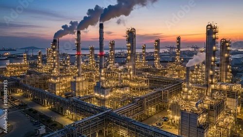 Wallpaper Mural Aerial view of a large oil refinery and petrochemical plant at sunset, with smoke stacks emitting plumes and industrial lights illuminating the complex. Torontodigital.ca