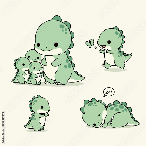 A delightful collection of cute and playful kawaii dino characters illustrated in a soft pastel colour palette, showcasing charming dinosaur family moments