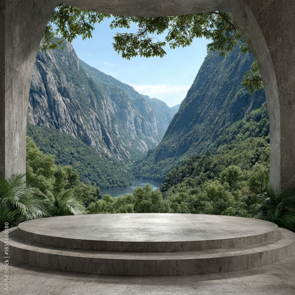 Fototapeta premium Concrete display platform overlooking a steep forested river canyon under a bright blue sky