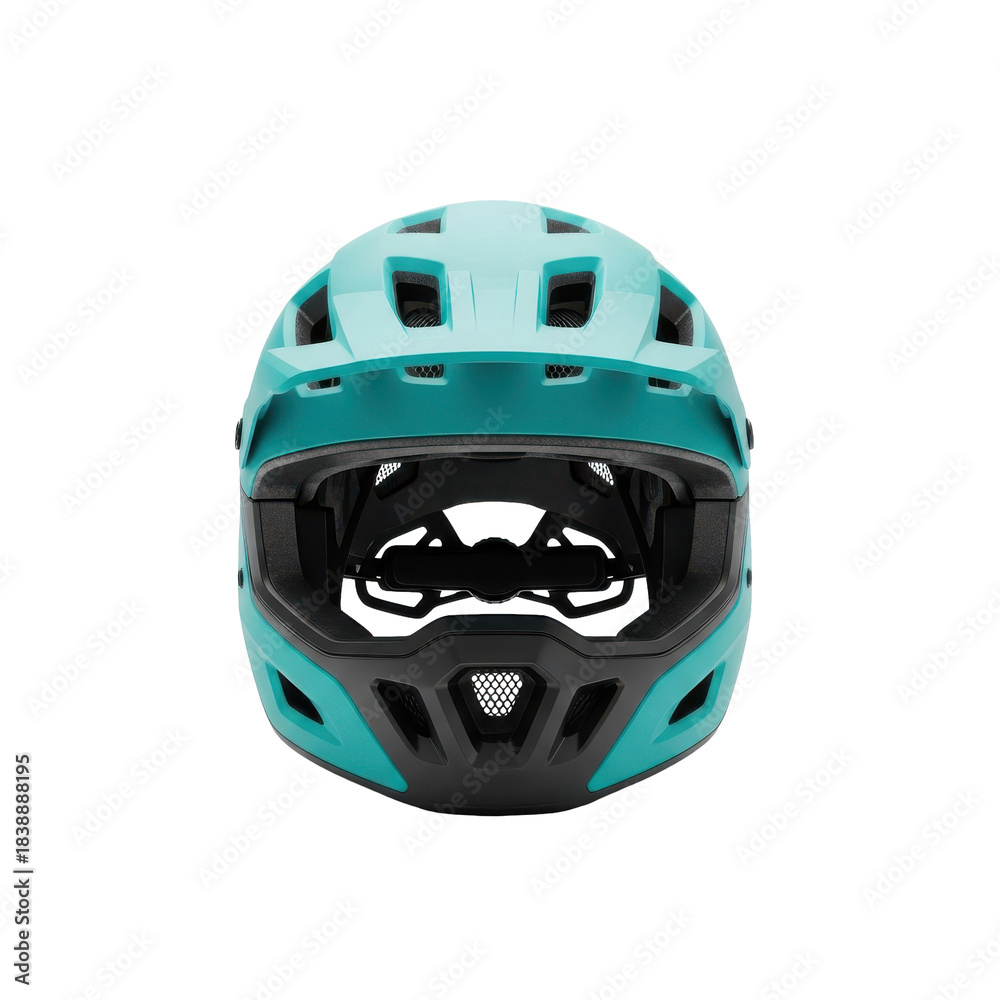 Fototapeta premium Teal Mountain Bike Full Face Helmet Isolated Black Background