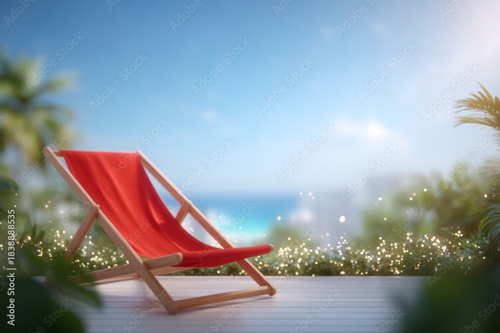 Fototapeta premium Wooden deck with a bright red canvas beach chair overlooks blue sea and sky in tropical setting