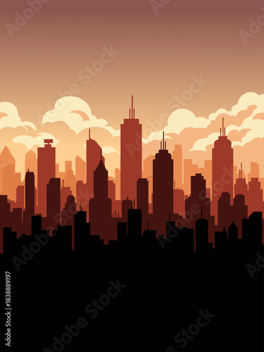 A stylized illustration of a city skyline at sunset, with silhouetted buildings against a warm, cloudy sky.