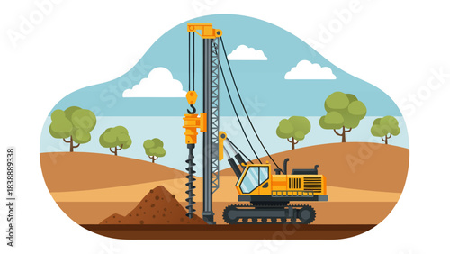 Heavy construction drilling rig operating on a brown earth site under a blue sky.