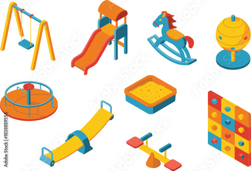 Isometric playground equipment illustration set featuring swings, slide, sandbox, seesaw, merry-go-round and climbing board for park and school design