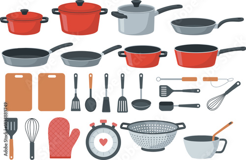 Kitchen cookware and utensil illustration set featuring pots, pans, cutting boards, tools, colander, whisk, ladle for cooking and home kitchen design