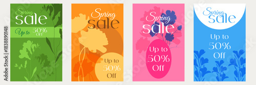 A set of spring advertising banners with minimalist floral silhouettes. Suitable for online stores, advertising campaigns, digital marketing, banners, coupons, posters, and social media.