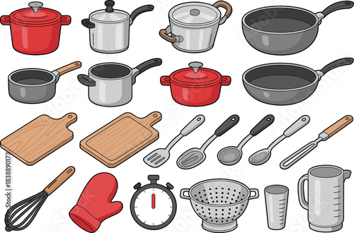 Kitchen cookware and utensil illustration set featuring pots, pans, cutting boards, tools, colander, whisk, ladle for cooking and home kitchen design