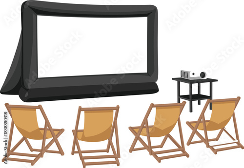 Outdoor movie night setup illustration featuring inflatable screen, projector, deck chairs and cinema seating arrangement for backyard entertainment events