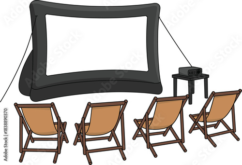 Outdoor movie night setup illustration featuring inflatable screen, projector, deck chairs and cinema seating arrangement for backyard entertainment events