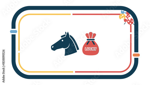 Decorative rounded badge with horse silhouette and money bag icons.