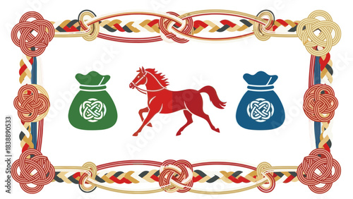 Decorative folk art panel with horse and coin pouches.