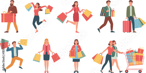 People shopping illustration set, happy customers carrying bags, gift boxes, holiday purchases, retail excitement, sale season, consumer activity, flat cartoon artwork