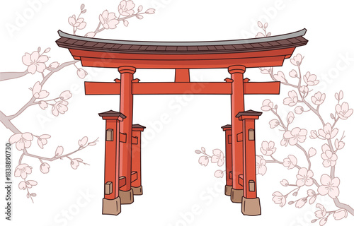 Traditional Japanese torii gate illustration with cherry blossom branches, cultural architecture artwork, serene Shinto shrine design for travel and heritage themes