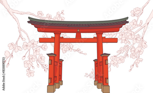 Traditional Japanese torii gate illustration with cherry blossom branches, cultural architecture artwork, serene Shinto shrine design for travel and heritage themes