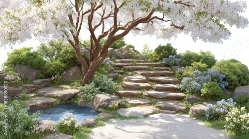 Lush spring garden scene with white blooming tree stone steps small pond and greenery