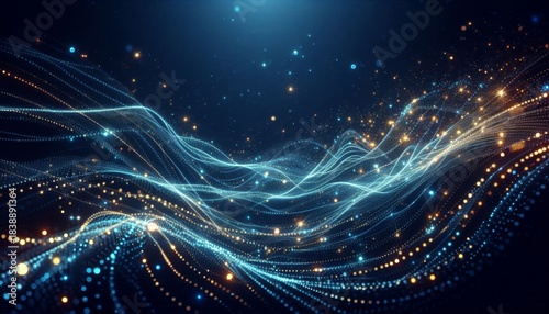 Abstract glowing wave of particles, lines, and dots with light effects on dark background for futuristic digital or tech design projects.