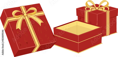 Red gift box with luxurious golden bow, high-quality isolated vector, ideal for festive events, celebrations, marketing, and decorative design elements.