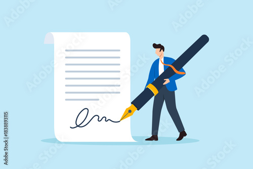 Flat illustration of businessman holding giant pen signing large document symbolizing commitment and contract agreement