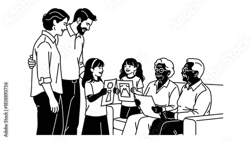 Children Showing Artwork to Grandparents Silhouette Line Art with Proud Parents Watching