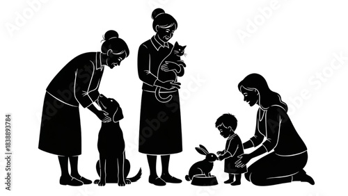 Artboard 1Multigenerational Family Caring for Pet Silhouette Line Art with All Ages Involved