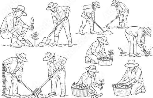 Illustrations of people engaged in various gardening and farming activities, showcasing planting, digging, and harvesting techniques