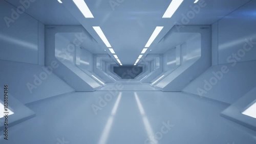 Futuristic white hallway with bright lights and a smooth glossy floor with a perspective view
