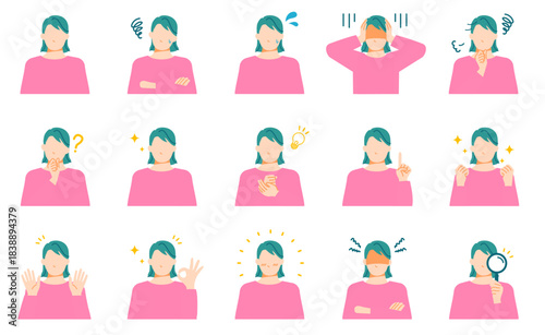 若い一般女性の喜怒哀楽などの表情イラストセット。フラットデザイン。
