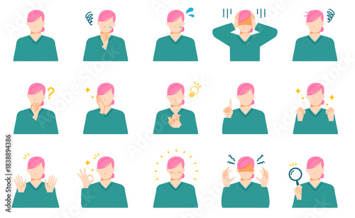 若い一般女性の困る悩む喜ぶなどの表情イラストセット。フラットデザイン。