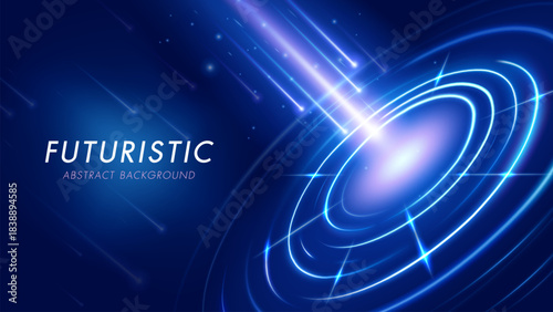 Light arrow shoots towards a target on digital dartboard. Futuristic abstract background. Achieved goals concept.